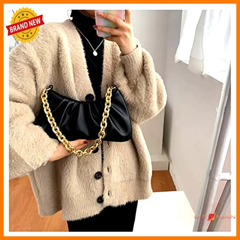 Small Leather Shoulder Bag with Gold Chain, Evening Clutch Purse